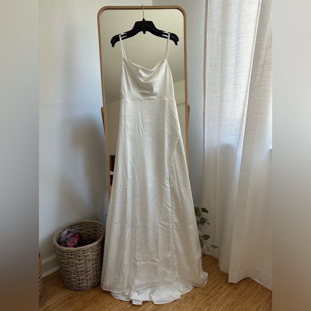 NWT Fame and Partners Strappy Draped Gown Ivory Matte Satin, Sz 2